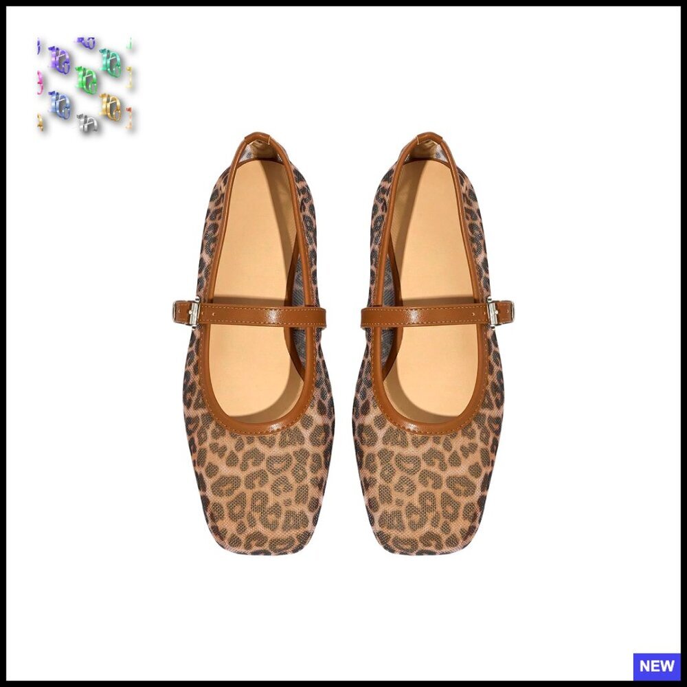 Leopard Print Mesh Ballet Flats Square Toe Mary Jane Shoes Trendy Chic